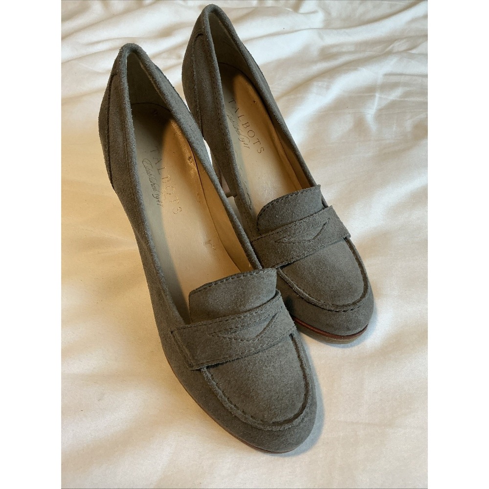 Vintage Talbots Women Loafers‎ Slip On Genuine Leather Suede 4" Heel Gray 6.5